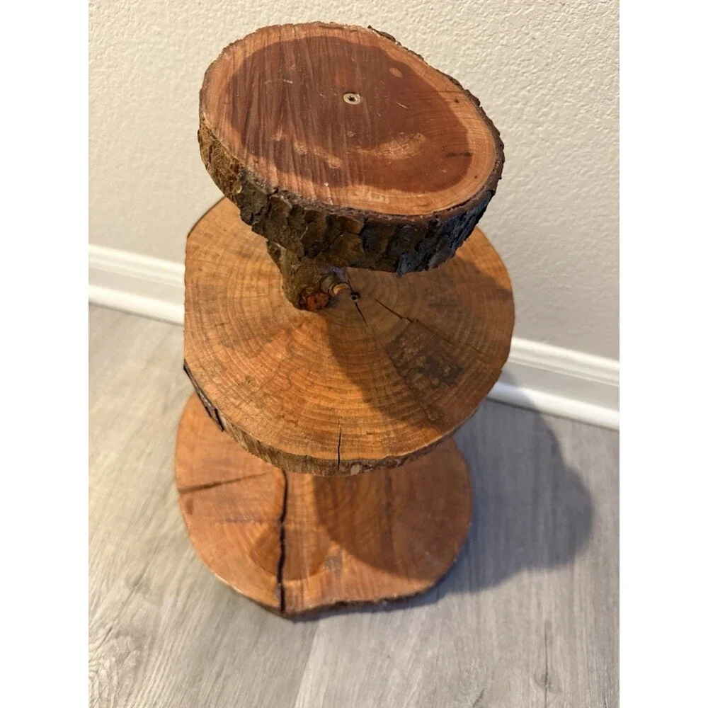 3 tiered Handcrafted Natural Tree Log Slices serving Stand Decorative Style